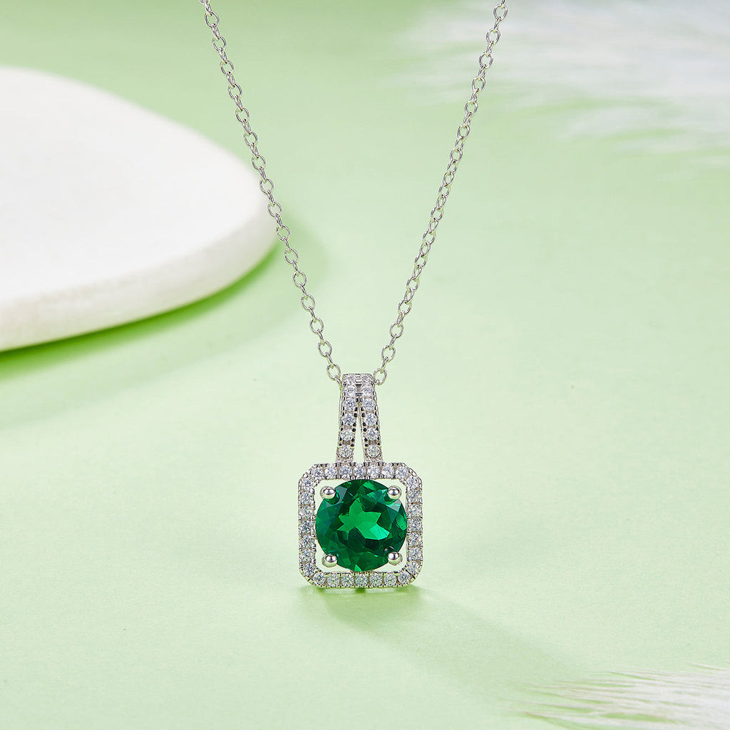 S925 Sterling Silver 2ct Lab-Grown Ruby Emerald Pendant Necklace, Platinum Plated Square Halo With Split Pave Bail, Women's Fine Jewelry Gift Box