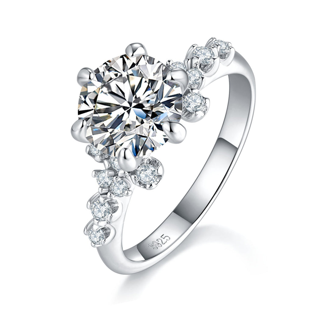 S925 Sterling Silver 2ct Moissanite Ring, 8mm D-VVS1 Round Cut With Floral Accent Band, Platinum Plated US Sizes 5-9, GRA Certified Gift Box