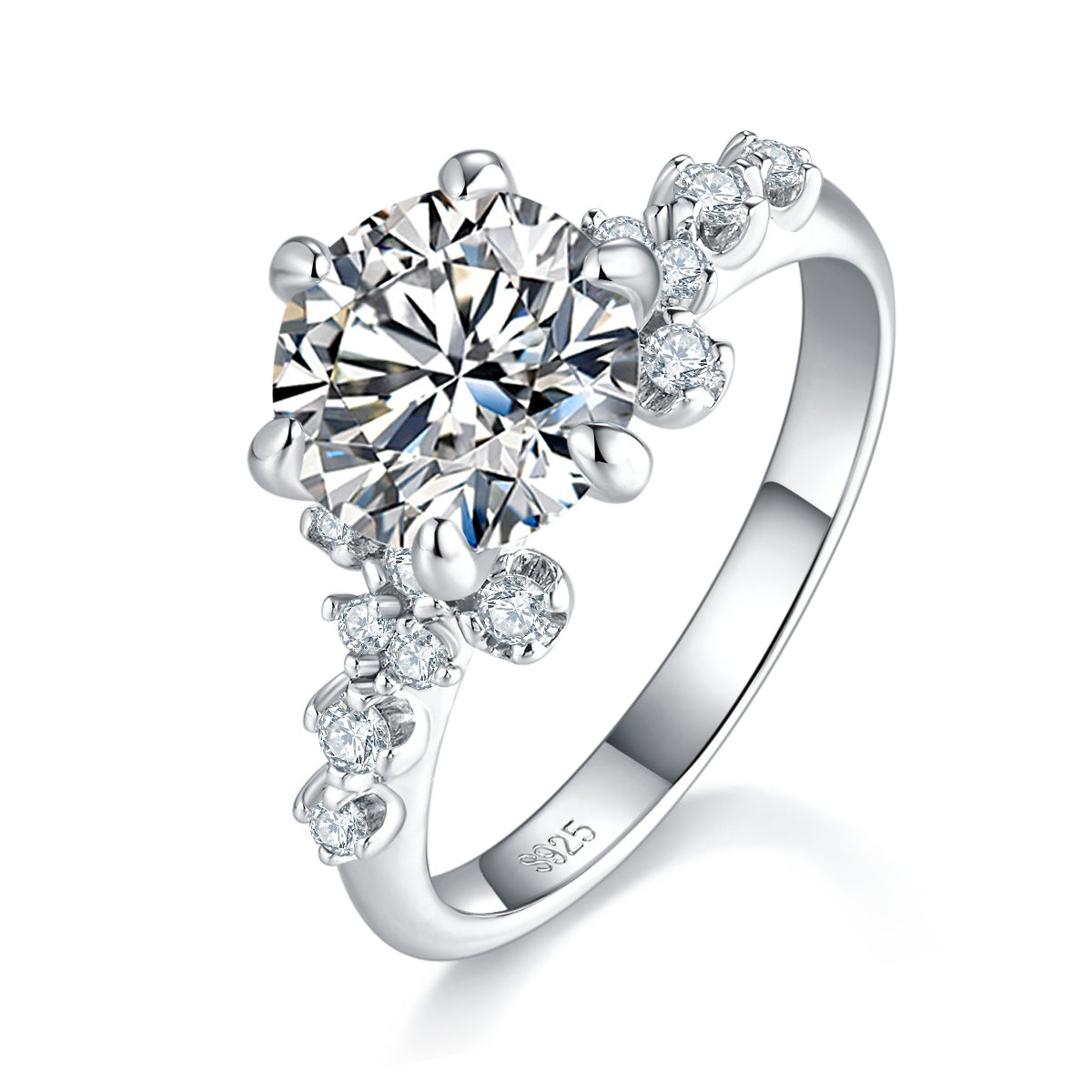 S925 Sterling Silver 2ct Moissanite Ring, 8mm D-VVS1 Round Cut With Floral Accent Band, Platinum Plated US Sizes 5-9, GRA Certified Gift Box