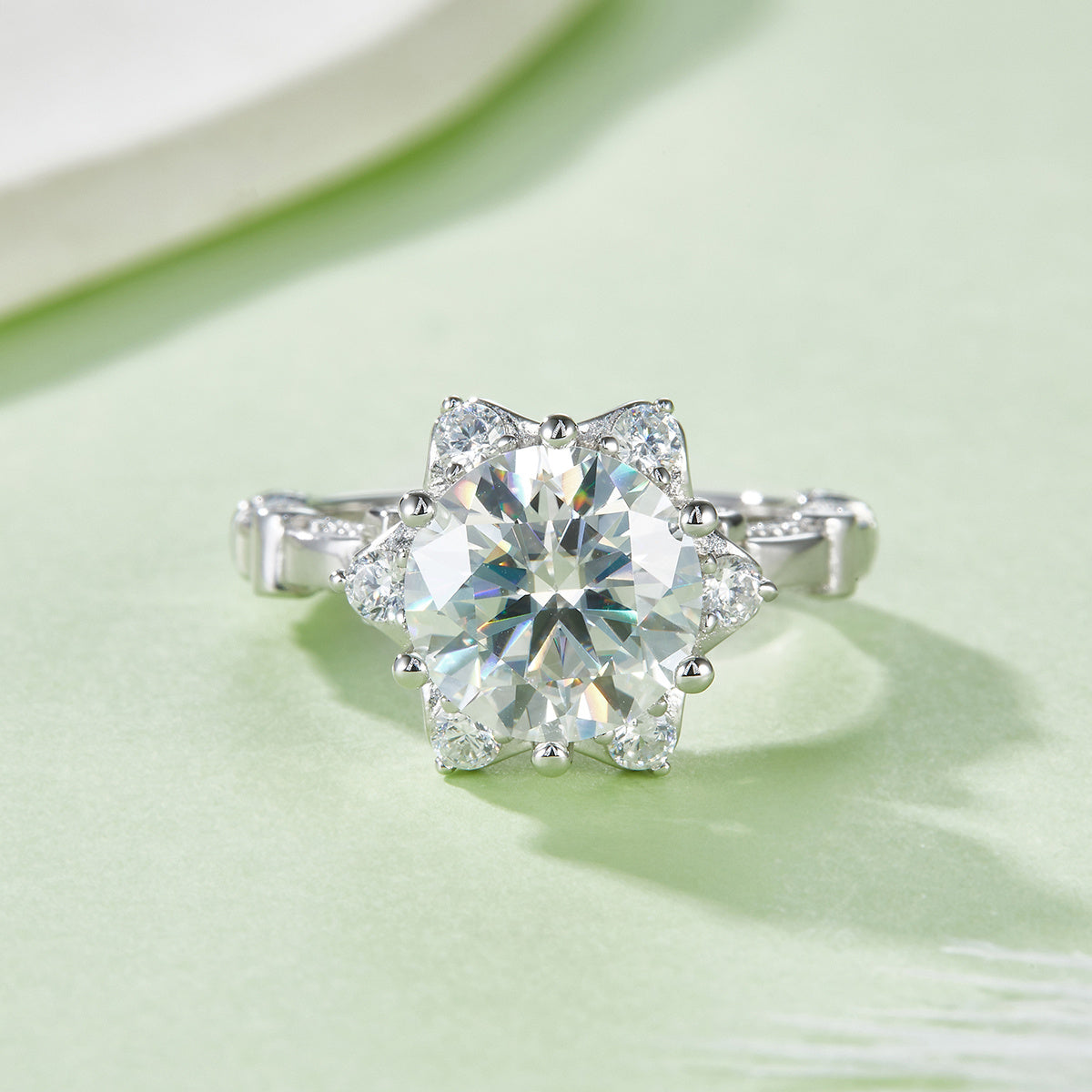 S925 Sterling Silver 3ct Moissanite Ring, 9mm D-VVS1 Star Halo Split Shank, Platinum Plated US Sizes 5-9, GRA Certified Gift Box