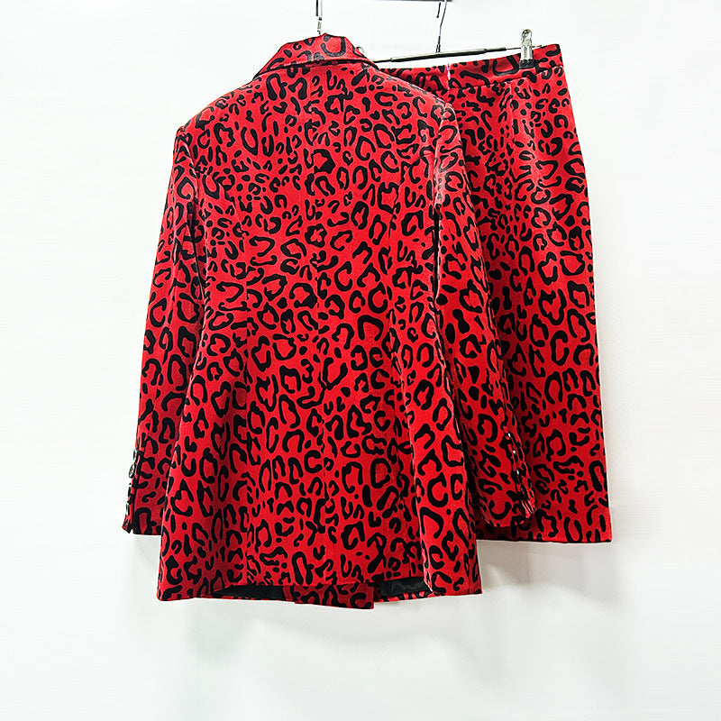 Leopard Print Double Breasted Blazer & Midi Pencil Skirt 2-Piece Suit Set