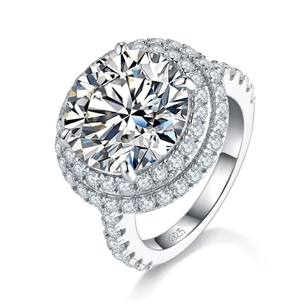 S925 Sterling Silver 8ct Moissanite Ring, 13mm D-VVS1 Double Halo Pave Band, Platinum Plated US Sizes 5-9 GRA Gift Box