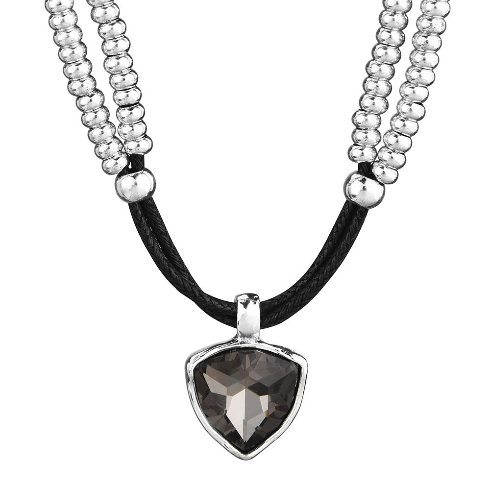 Two Layer Silver Bead Black Wax Cord Choker, Smoky Grey Heart Cubic Zirconia Punk Necklace, Y2K Cool Jewelry For European Spanish Women