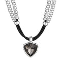 Two Layer Silver Bead Black Wax Cord Choker, Smoky Grey Heart Cubic Zirconia Punk Necklace, Y2K Cool Jewelry For European Spanish Women