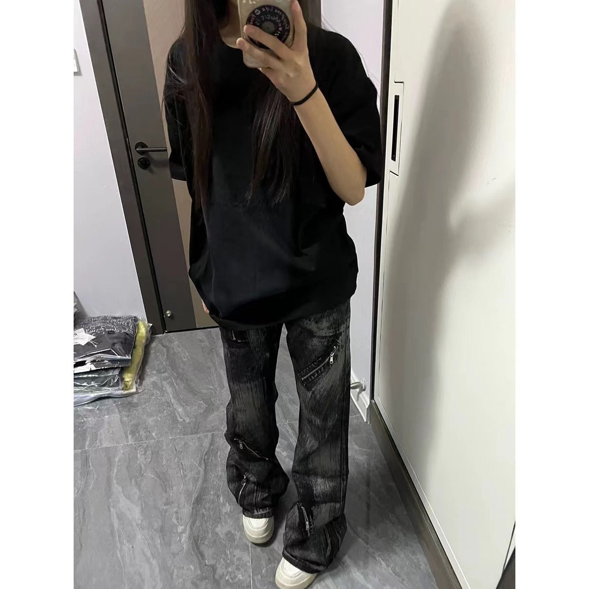 American-style Vintage Washed-design Slimming Pants With Zippers