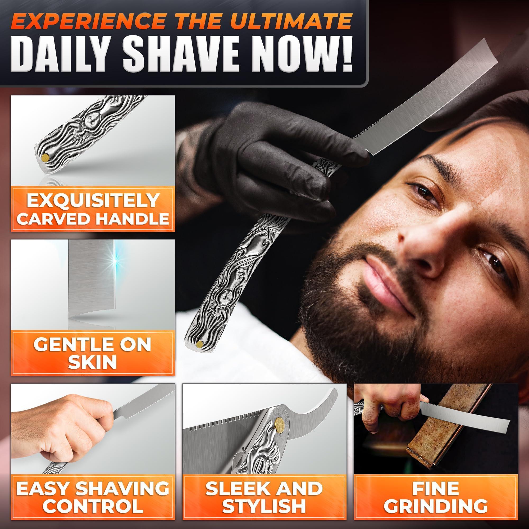 Straight Razor Carbon Steel Blade 11.4 in Secure Grip for Shaving