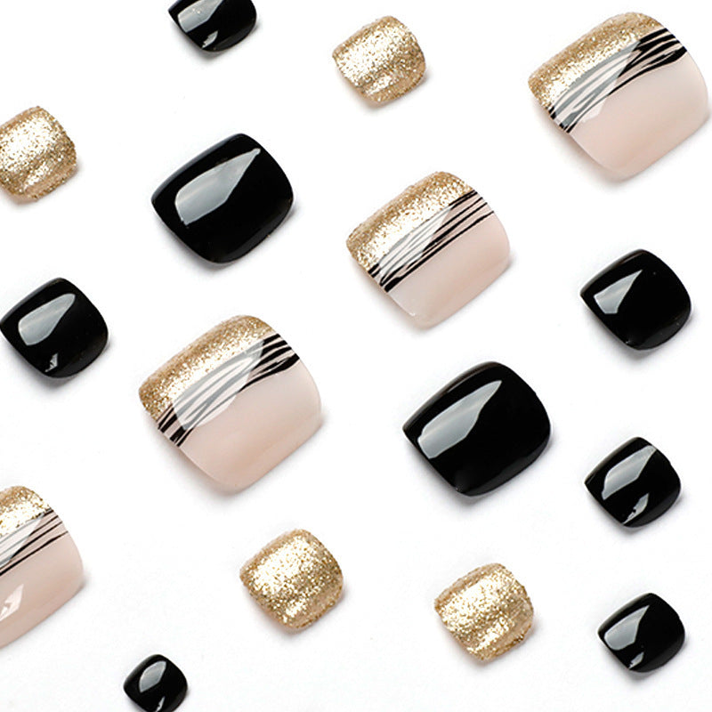 Fashion Black Line Gold Powder Manicure Nails