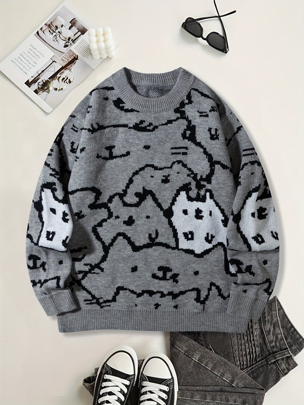 Mens Cute And Quirky Cat-print Knit Sweater