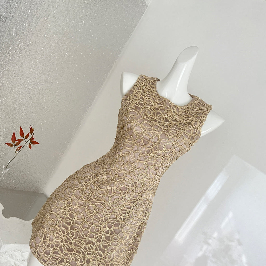 Women's Slim Fit Club Dress - New Gold Thread 3D Embroidery Midi Formal Gown