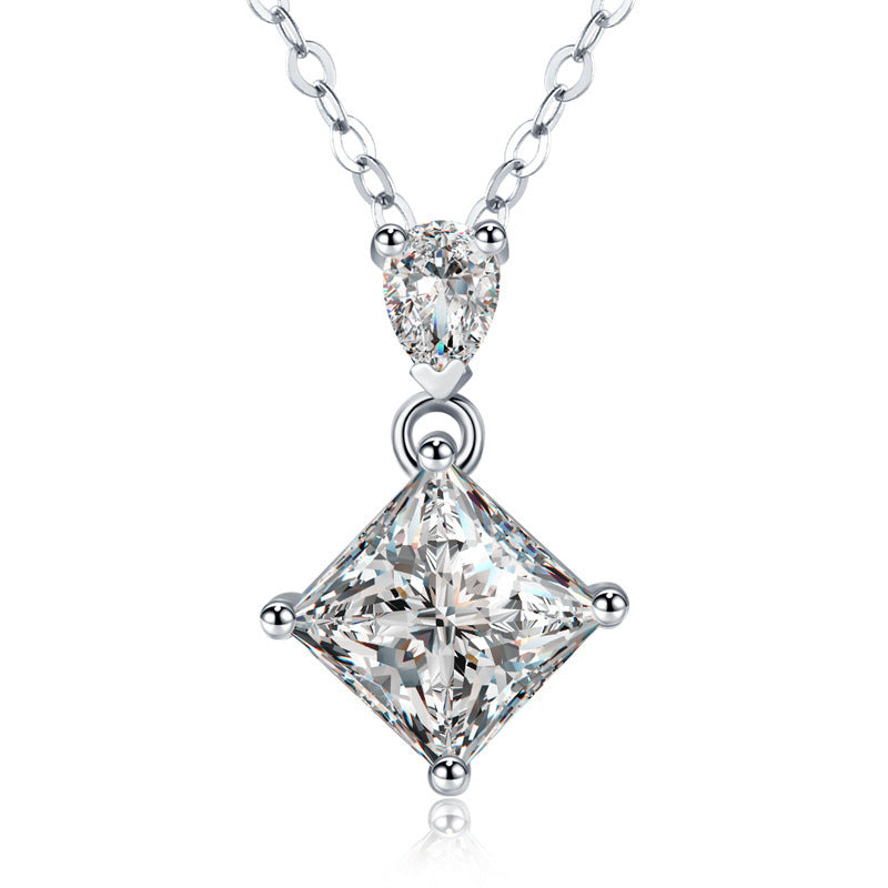 S925 Sterling Silver Princess & Pear Cut Two-Stone Necklace, 1ct D-VVS1 Moissanite Pendant, Platinum Plated 40&45cm Chain, GRA Certified Women's Jewelry Gift Box