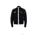 Stand-collar Contrast-color Metal-badge Knitted Cardigan Sweater