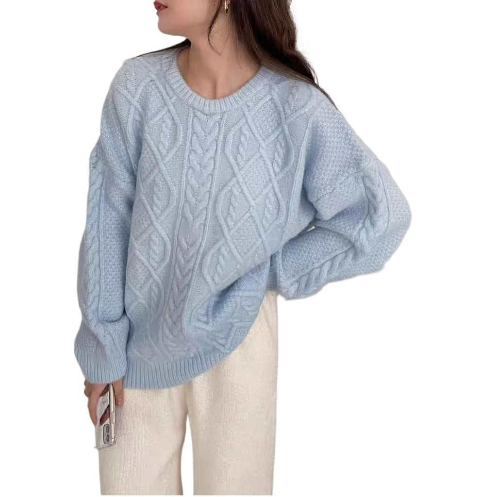 Thickened Relaxed-fit Cable-knit Crew-neck Sweater That Flatters Your