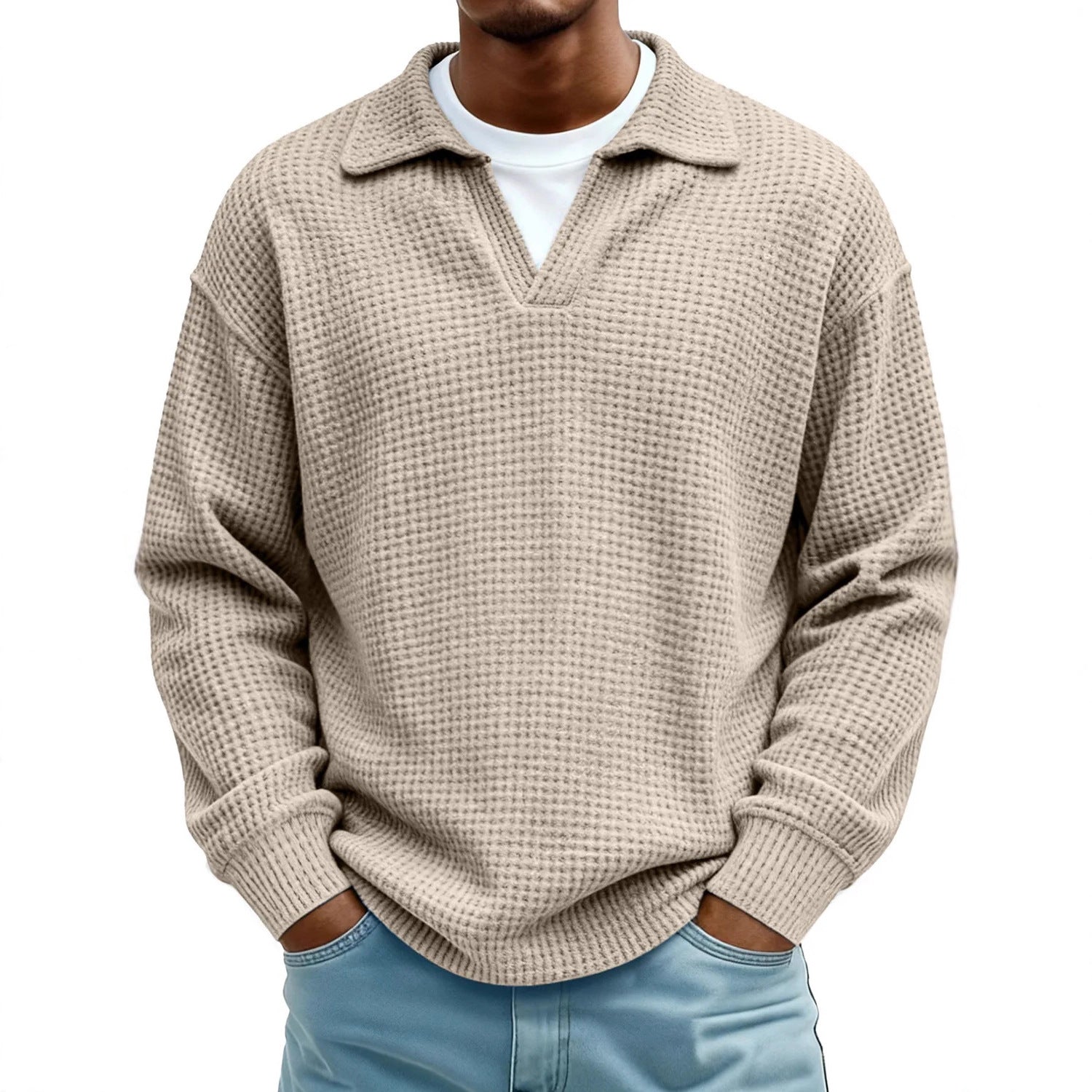 Waffle-Paneled Polo Shirt Mens Lapel Knitwear