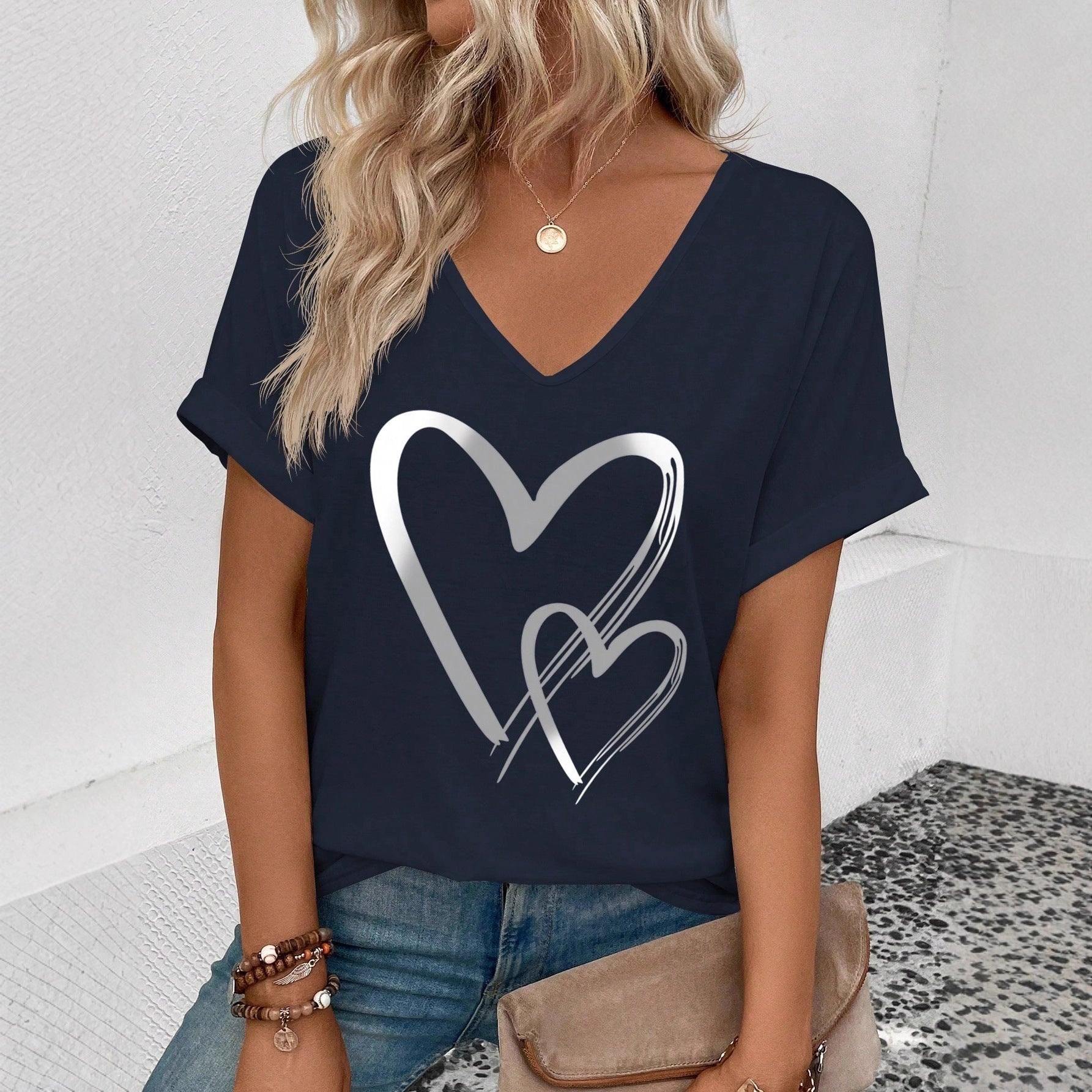 Womens Stylish Printed Slim-fit Short-sleeve Top