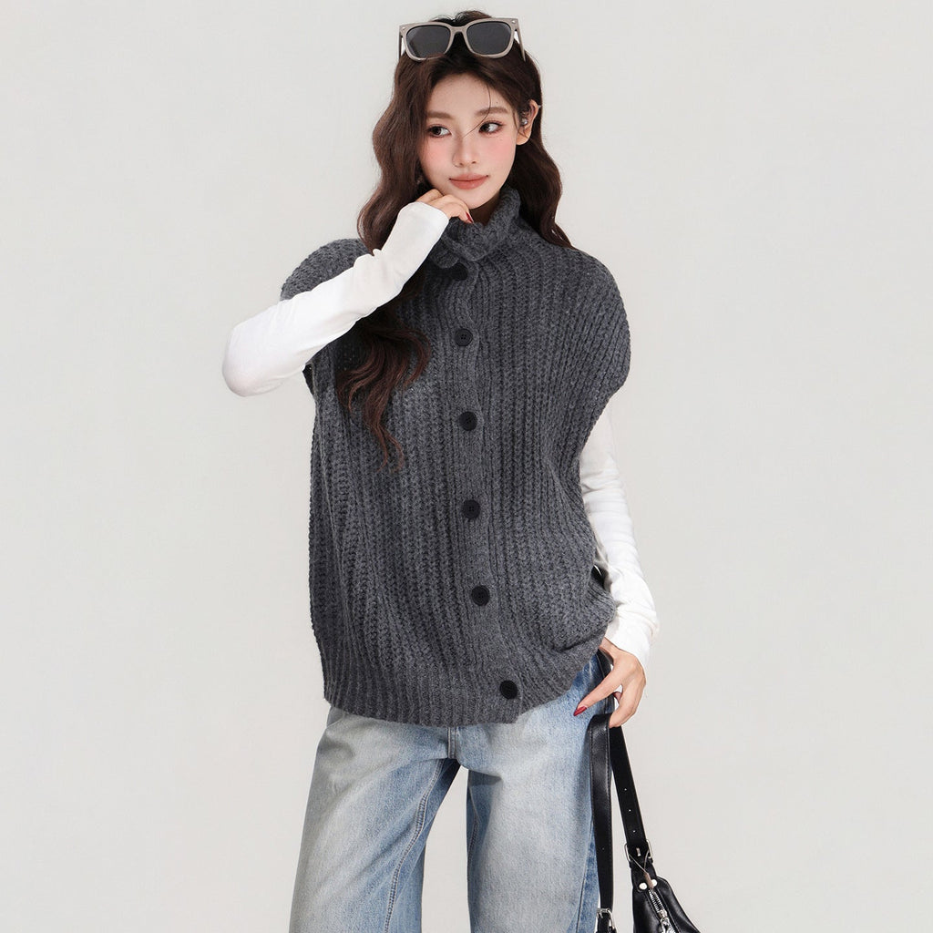 Grey Lapel Knitted Vest Sweater Warm Coat Women's Autumn And Winter Innerwear Top