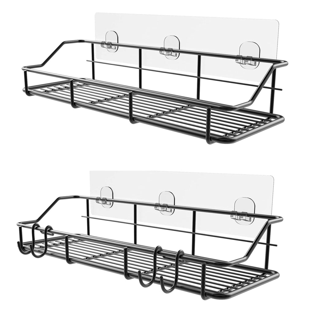 Adhesive Shower Caddy 2 Pack Black Shelf Organizer with Hooks Stainless Steel