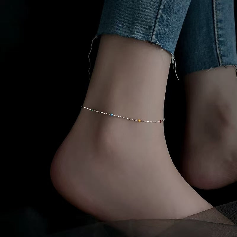 1pcs 999 Sterling Silver Mixed Bead Color Enamel Anklet, Bohemian Minimalist Style, For Summer Beach Daily Wear & Women Holiday Gifts