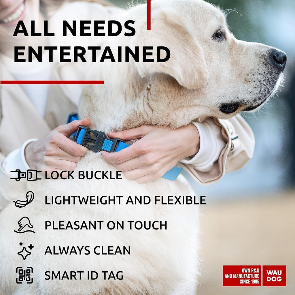 Waterproof Dog Collar Adjustable 17–28 in Neck x 1 3/5 in Wide Buckle & QR Tag Blue