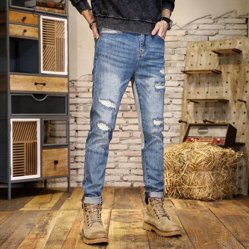 Men's Hole Patch Contrast Slim Fit Jeans