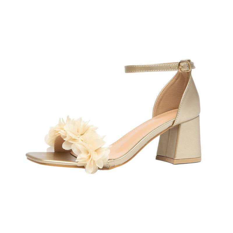 Square-toe Chunky-heel Sandals With A Buckle And Floral Detail, Open-toe Design