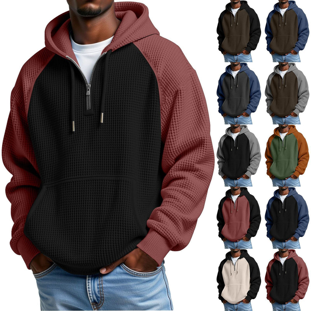 Color-block Waffle-knit Long-sleeve Hooded Jacket
