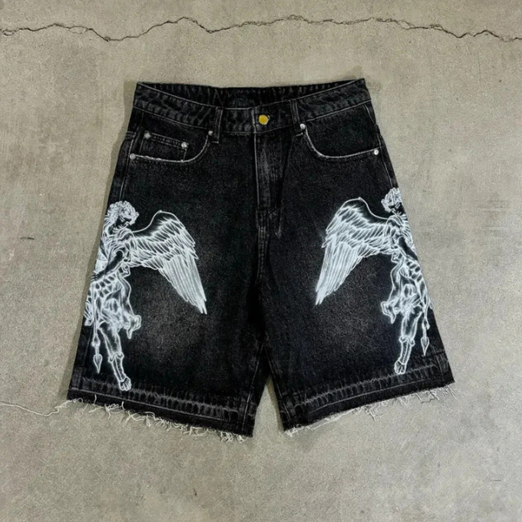 Retro Loose-fit Printed Denim Shorts