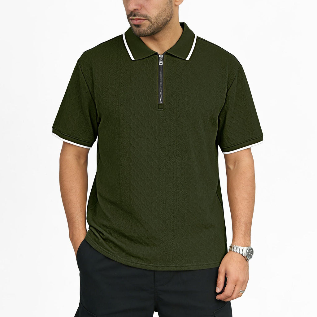 Mens Jacquard Loose-Fit Short-Sleeve Zip-Up Polo Shirt