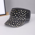 Men's And Women's Metal Rivet Decorated Washed And Distressed Material Flat-top Style Retro Punk Hat. Suitable For Daily Street Wear In School Settings.