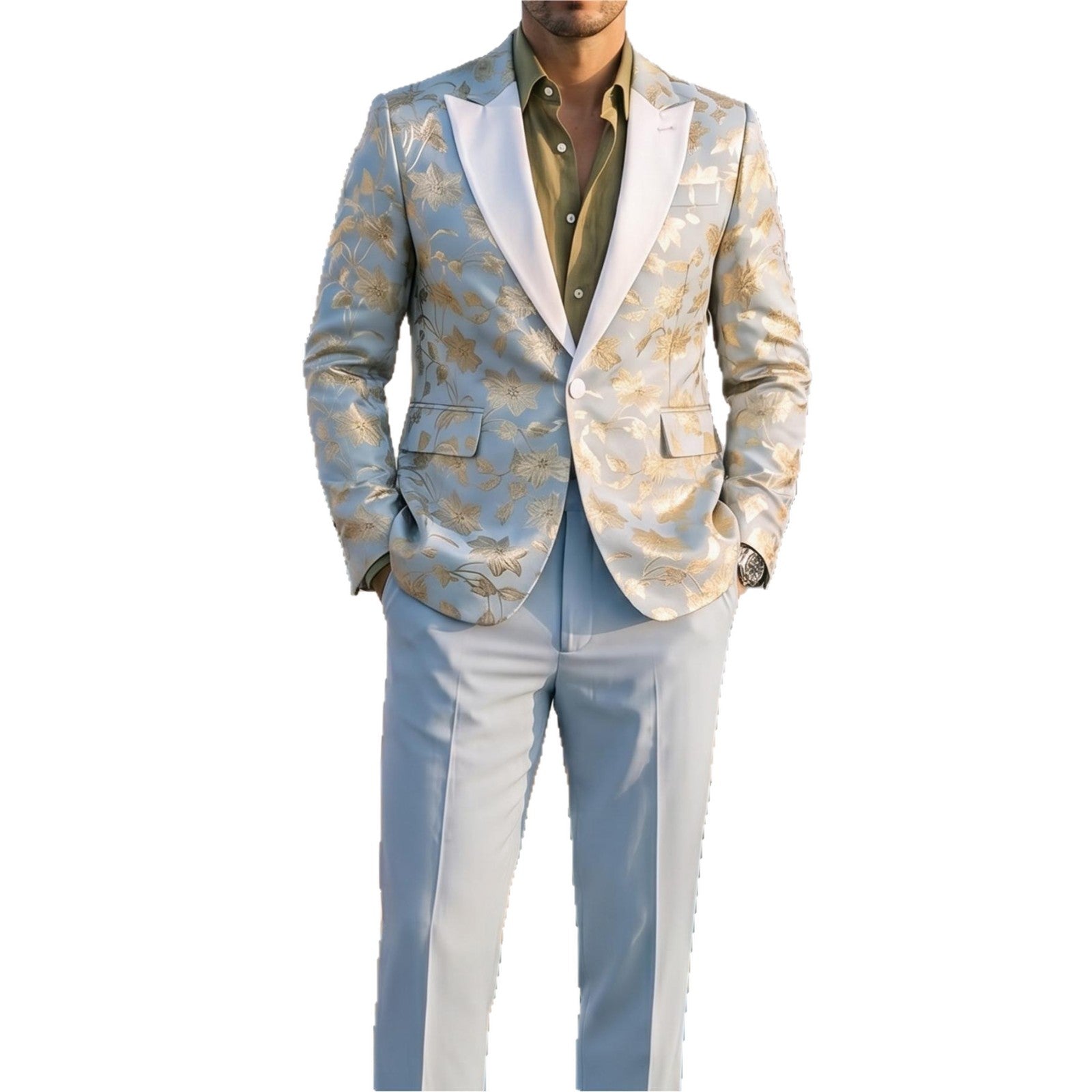 Mens Banquet Dress Gold-Embossed Suit Set
