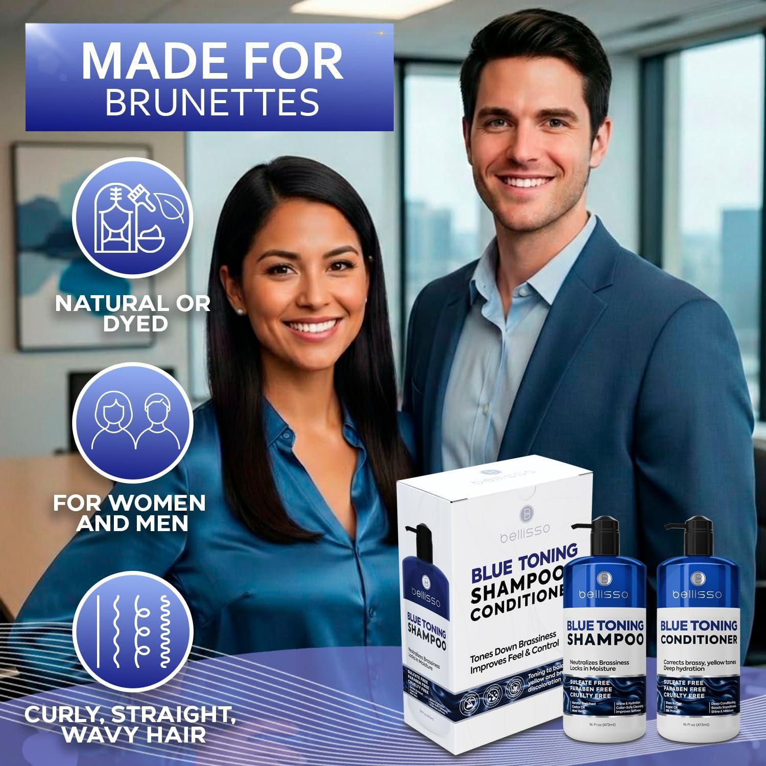 Blue Shampoo and Conditioner Set  16 Fl Oz Set of 2 Sulfate Free and Paraben Free Neutralizing Toner to Correct Orange Brassy Hair Back to Brunette Professional Formula For Women Men