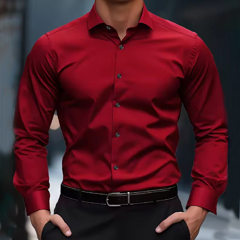Men's Shirt Business Button Down Shirt Summer Solid Color Long Sleeve Lapel Vacation Shirt Fashion Temperament Casual Tops