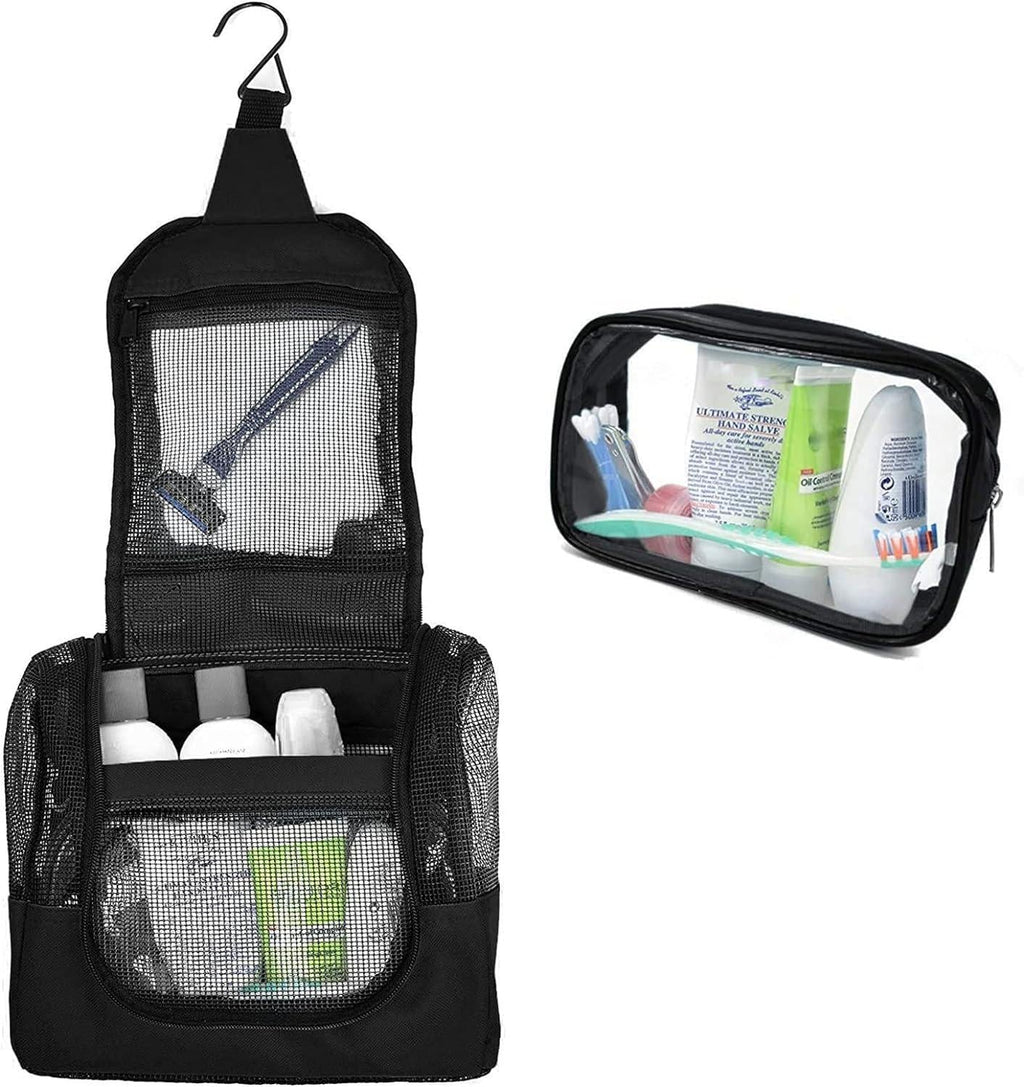 The Fine Living Co. Portable Hanging Shower Caddy Organizer Bag (Free Toiletries Case Metal Hook) Quick Dry Mesh Shower Caddy Tote Bag Pouch For Bathroom College Dorm Camp Gym Camping 10”x4”x8”(Black)