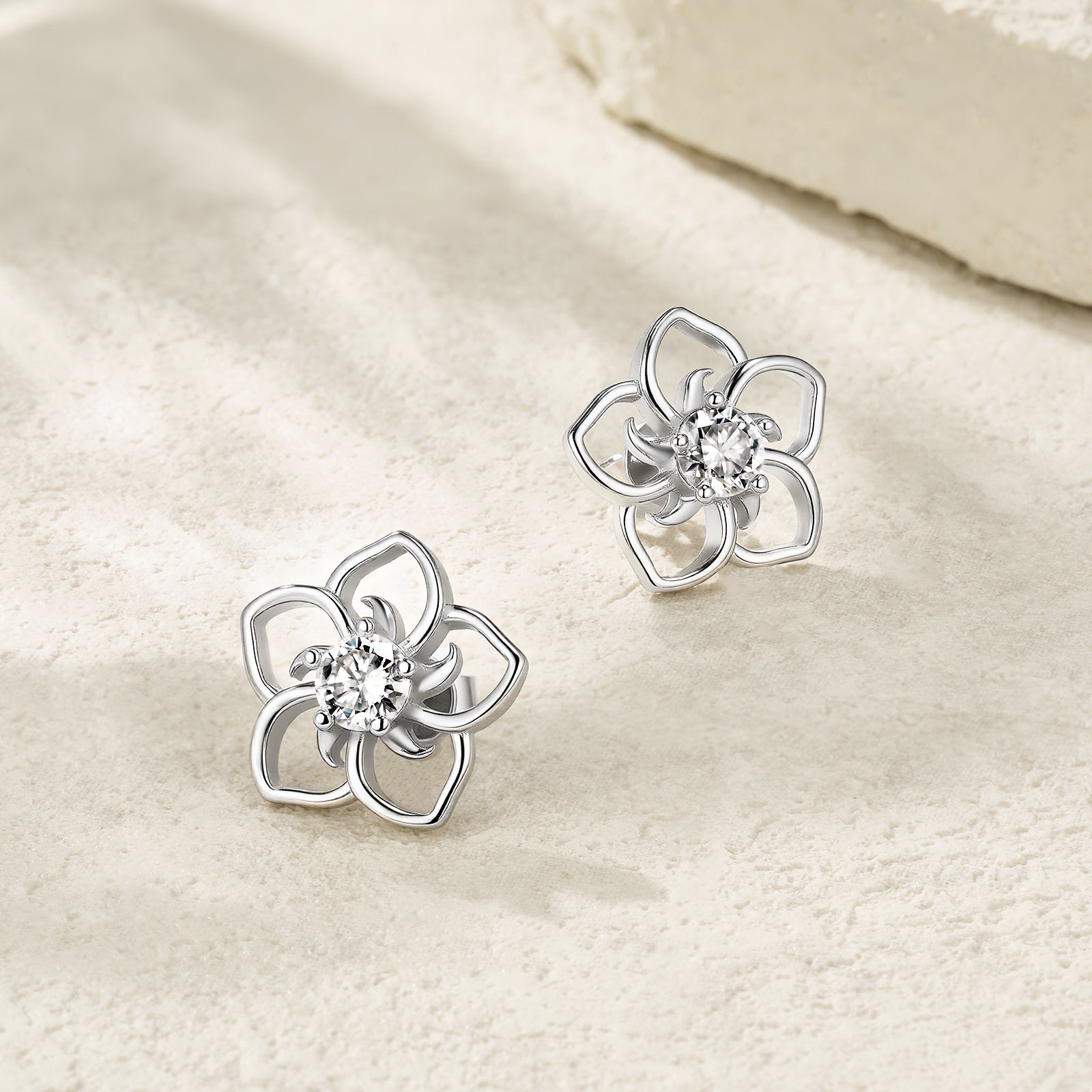 S925 Sterling Silver Abstract Flower Stud Earrings, 0.5ct D-VVS1 Moissanite, Platinum Plated Hollow Petal Design, With GRA Certificate Gift Box