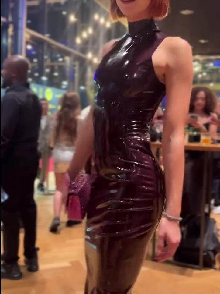 Patent Leather Halter Cross-Strap Mermaid Maxi Dress