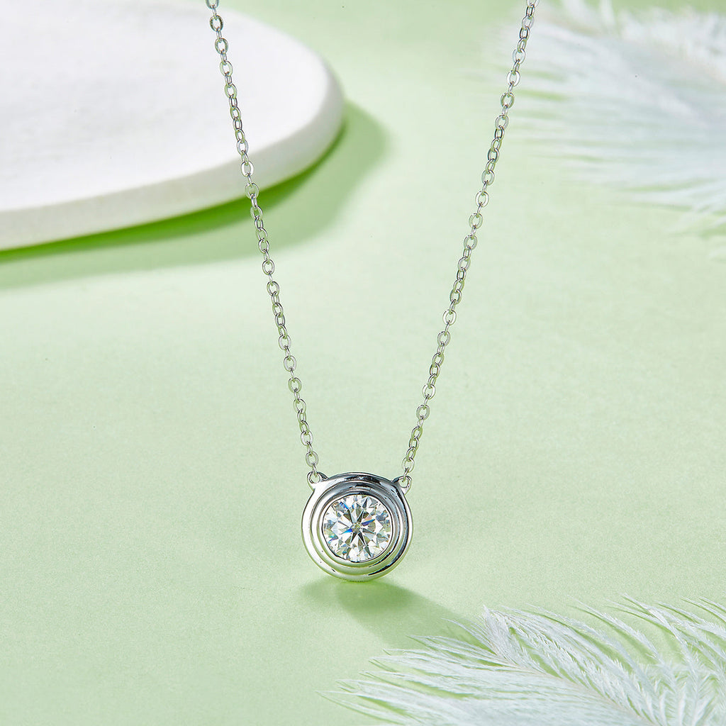 S925 Sterling Silver 1ct Moissanite Necklace, Minimalist Bezel Setting Pendant, Platinum Plated 38.5&42m Chain, Women's Jewelry Gift Box With GRA Certificate