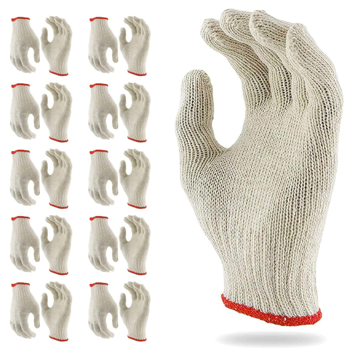 Beige Work Cotton Gloves for Men Women 9.5 Inch Pack of 24 (12 Pairs) String Knit Work Gloves with Red Line Elastic Knit Wrist Washable Cotton Polyester Gardening Gifts