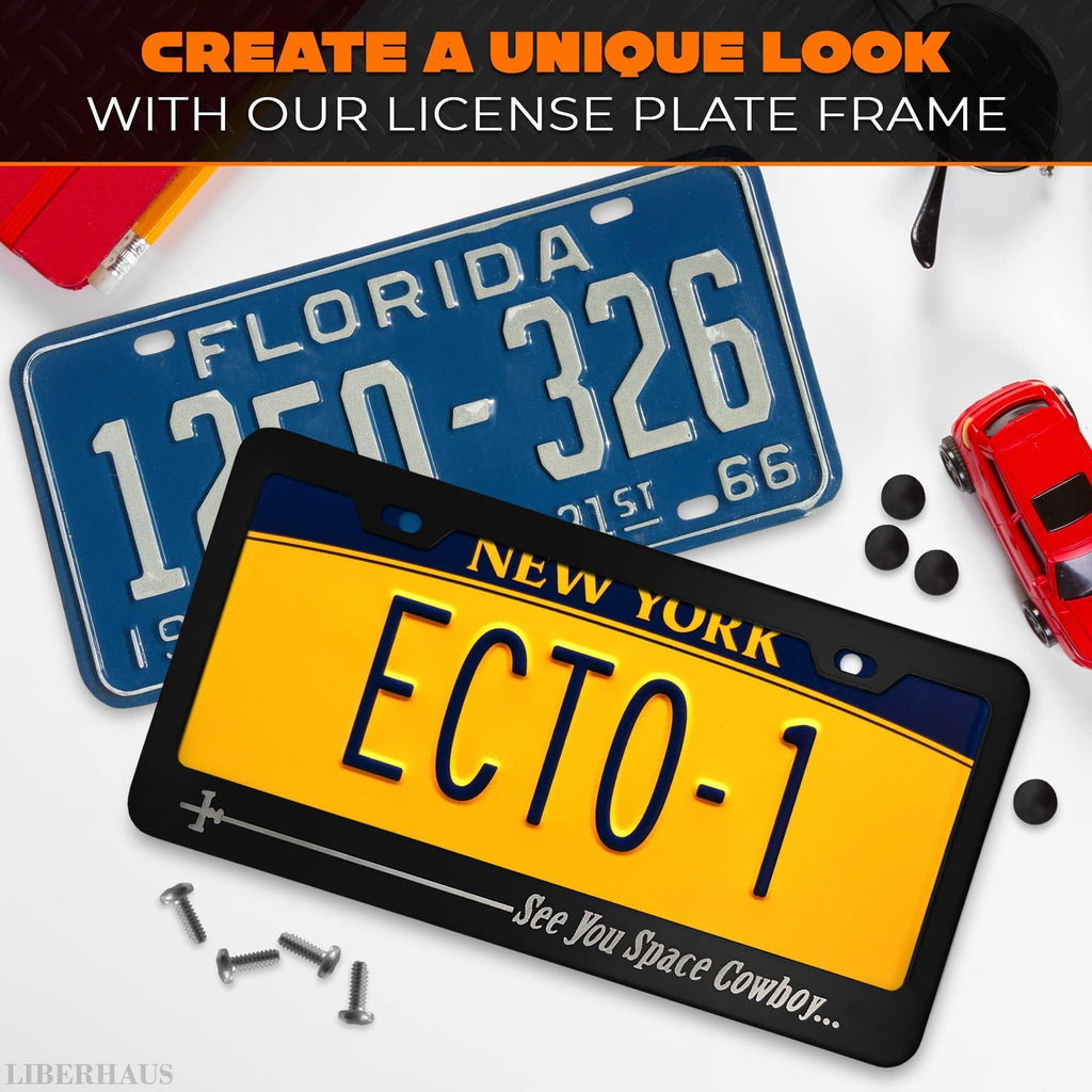 Matte Black License Plate Frame Funny for Anime Fans   See You Space Cowboy Anime License Plate Frame Design (12.2 x 6.3 Inches) Easy to Install Stainless Steel Holder for US & Canada