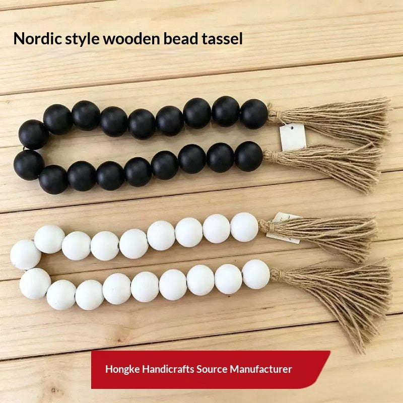 18-bead Large-size Bead Necklace With Hemp Rope Tassels And Wooden Beads