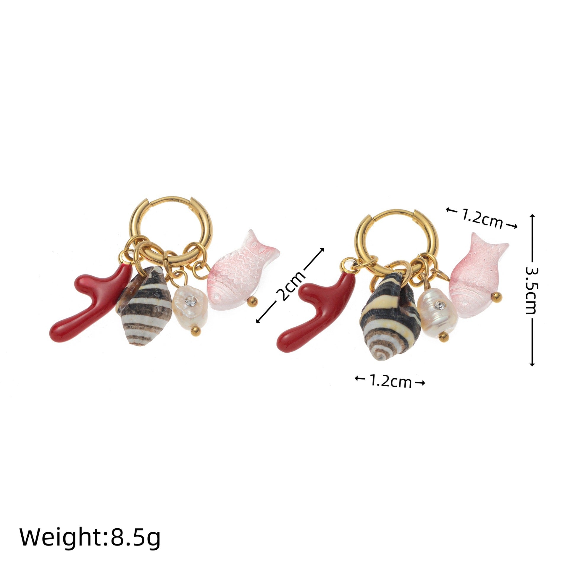 Fashionable Coral Small Fish And Conch Shell Earrings