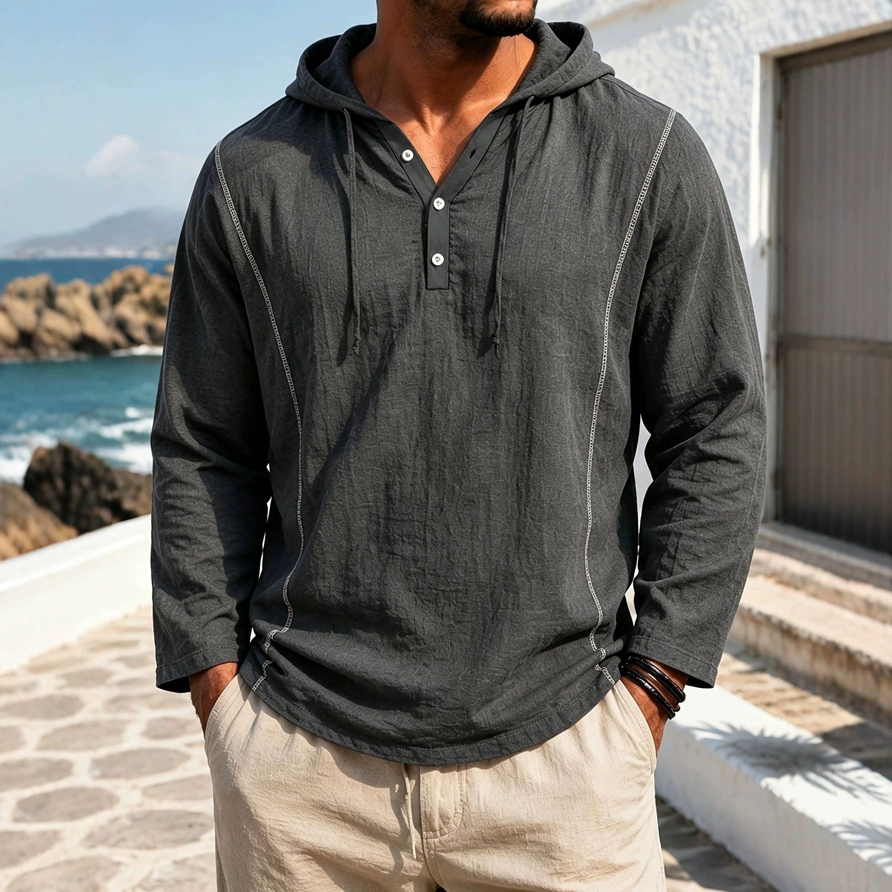 Mens Casual Stylish Loose-fitting Long-sleeve Hooded Sweatshirt
