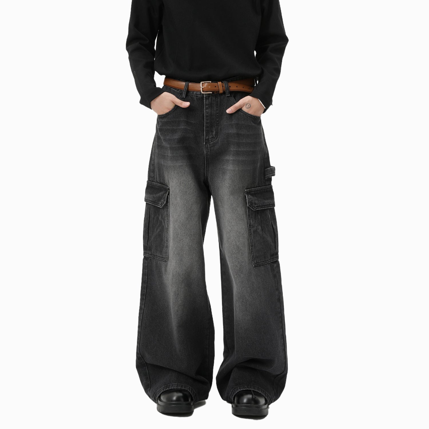 Bleached Wide-leg Multi-pocket Straight-leg Casual Work Pants