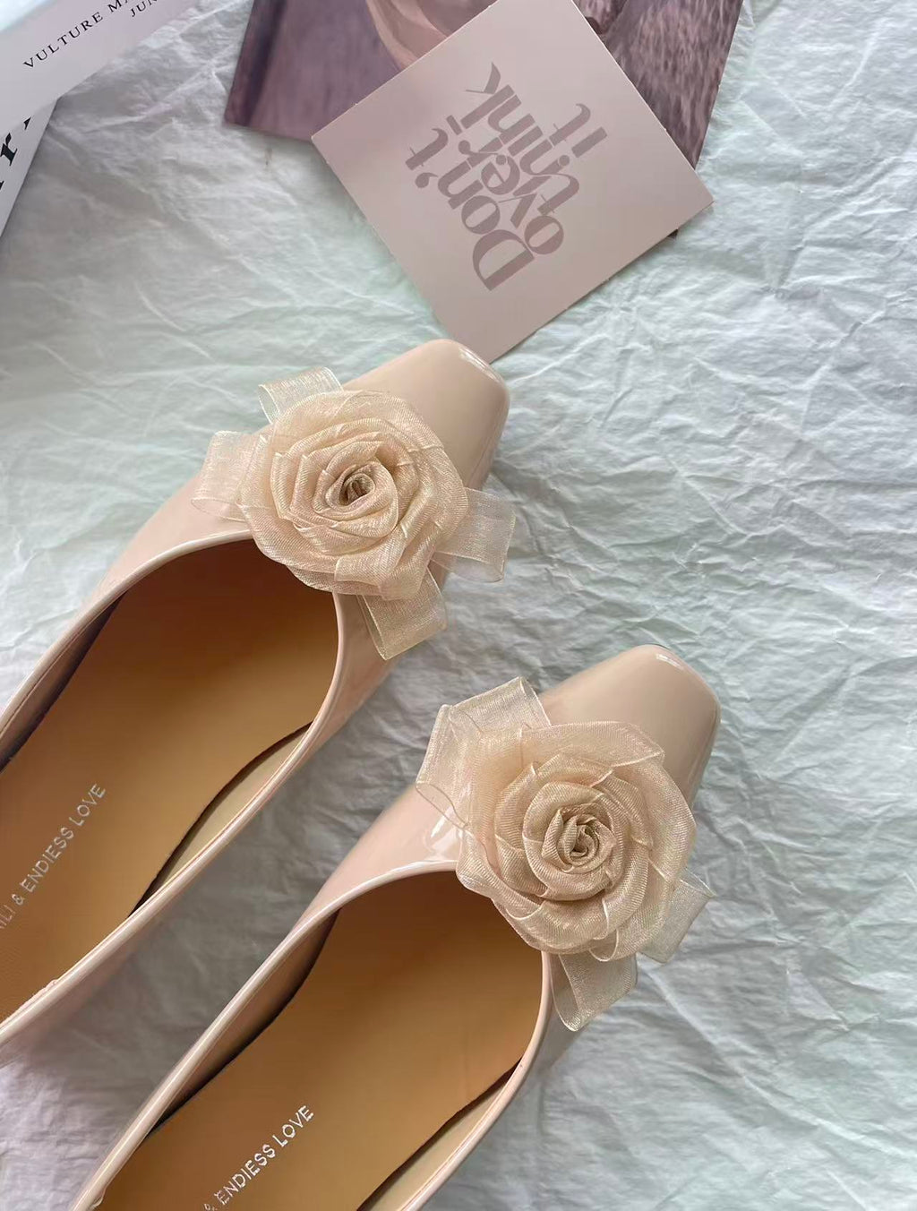 2026 Summer French Style Patent Leather Flats Women, Square Toe Shallow Shoes With 3D Mesh Rose, Slip-on Elegant Daily Ballet Shoes