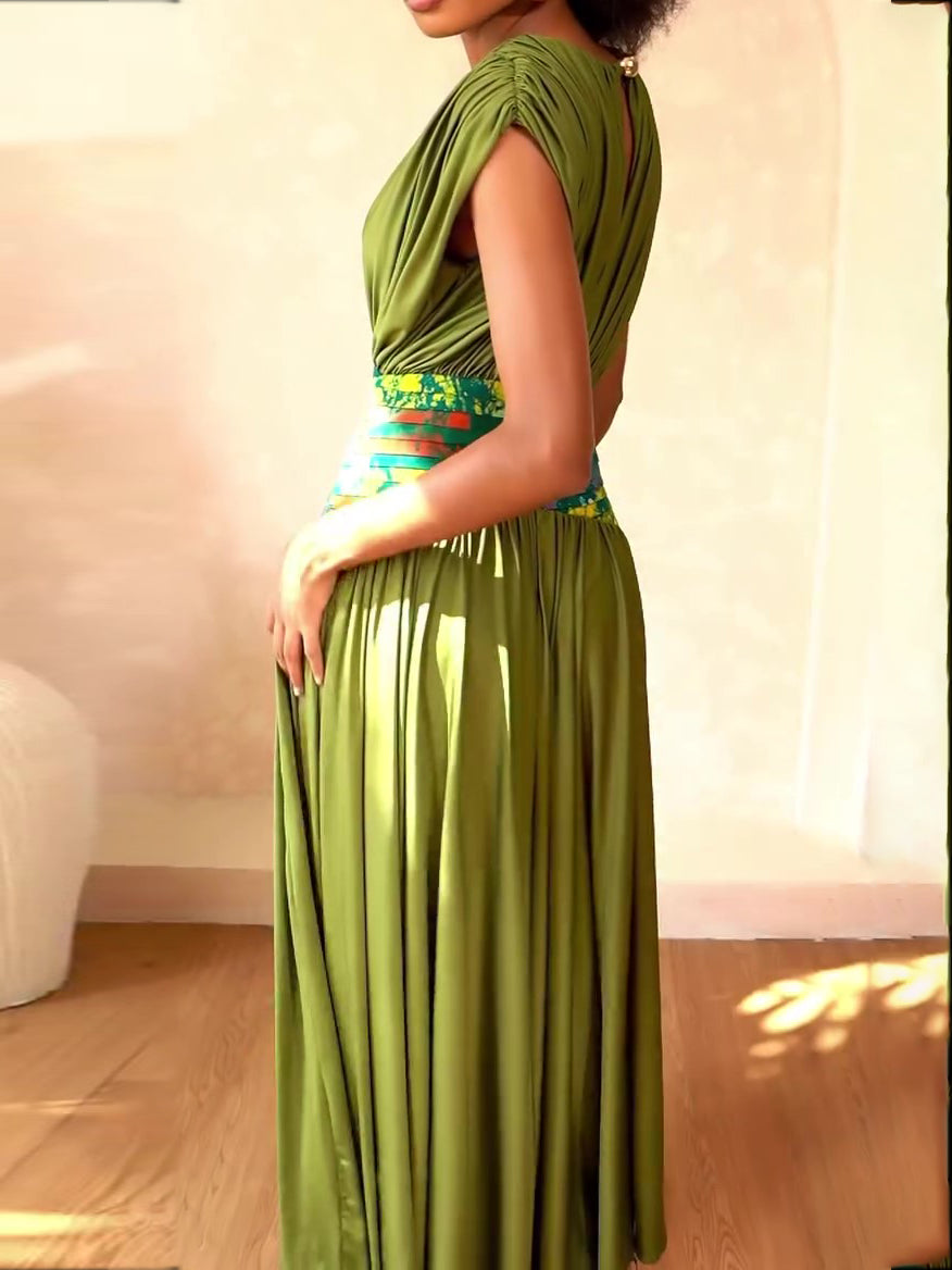 Sheen Deep V Ruched Printed Waistband Maxi Dress
