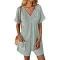 Solid Color V-neck Bat Sleeve Jumpsuit with Pockets