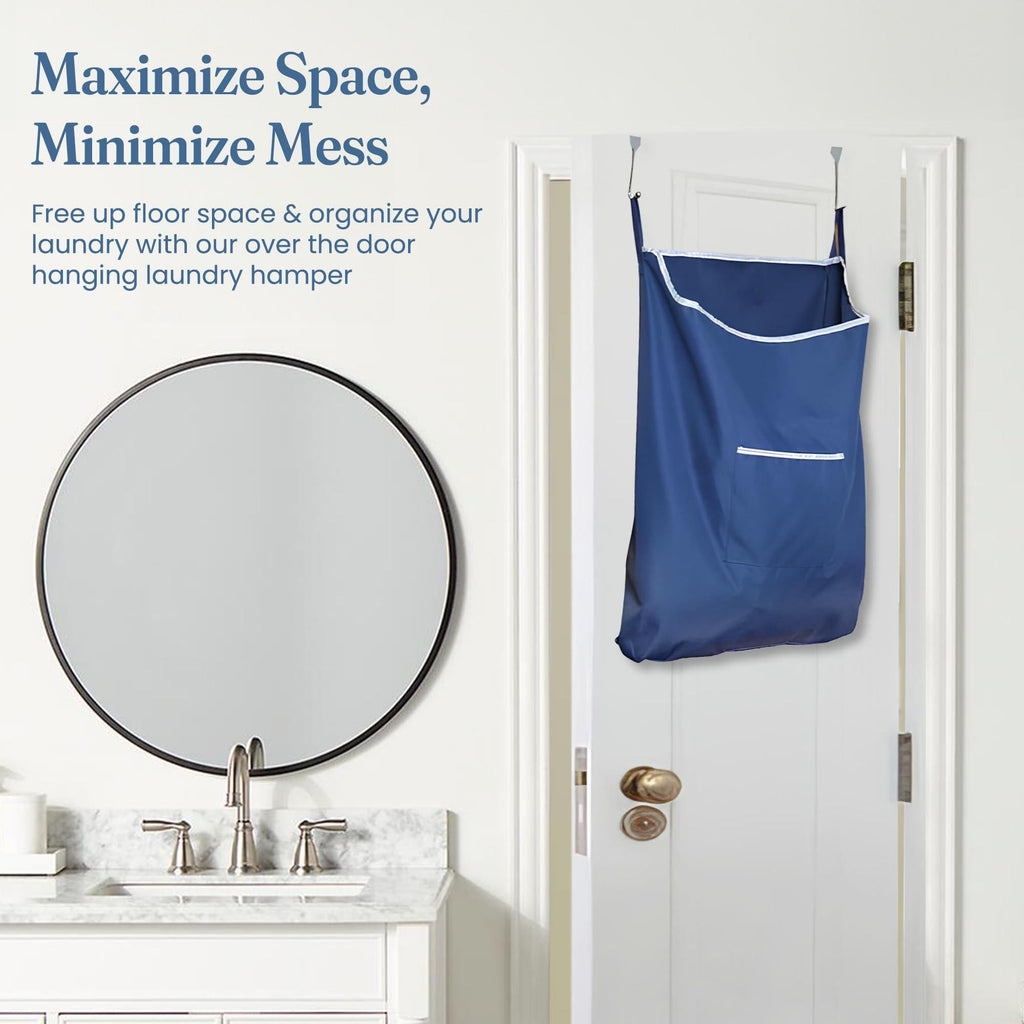 Fine Living Large Hanging Laundry Hamper with Over Door Hooks & Adhesive Durable Space Saving Laundry Bag with Zipper and Wide Open Top Hanging Dorm Laundry Hamper 18 x4.75 x28  (Navy Blue L)
