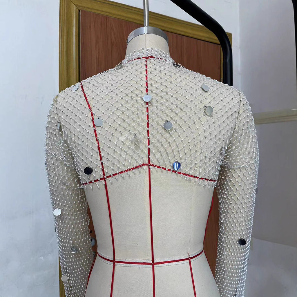 Fishnet Sequin Cardigan Top With Diamond Embellishments
