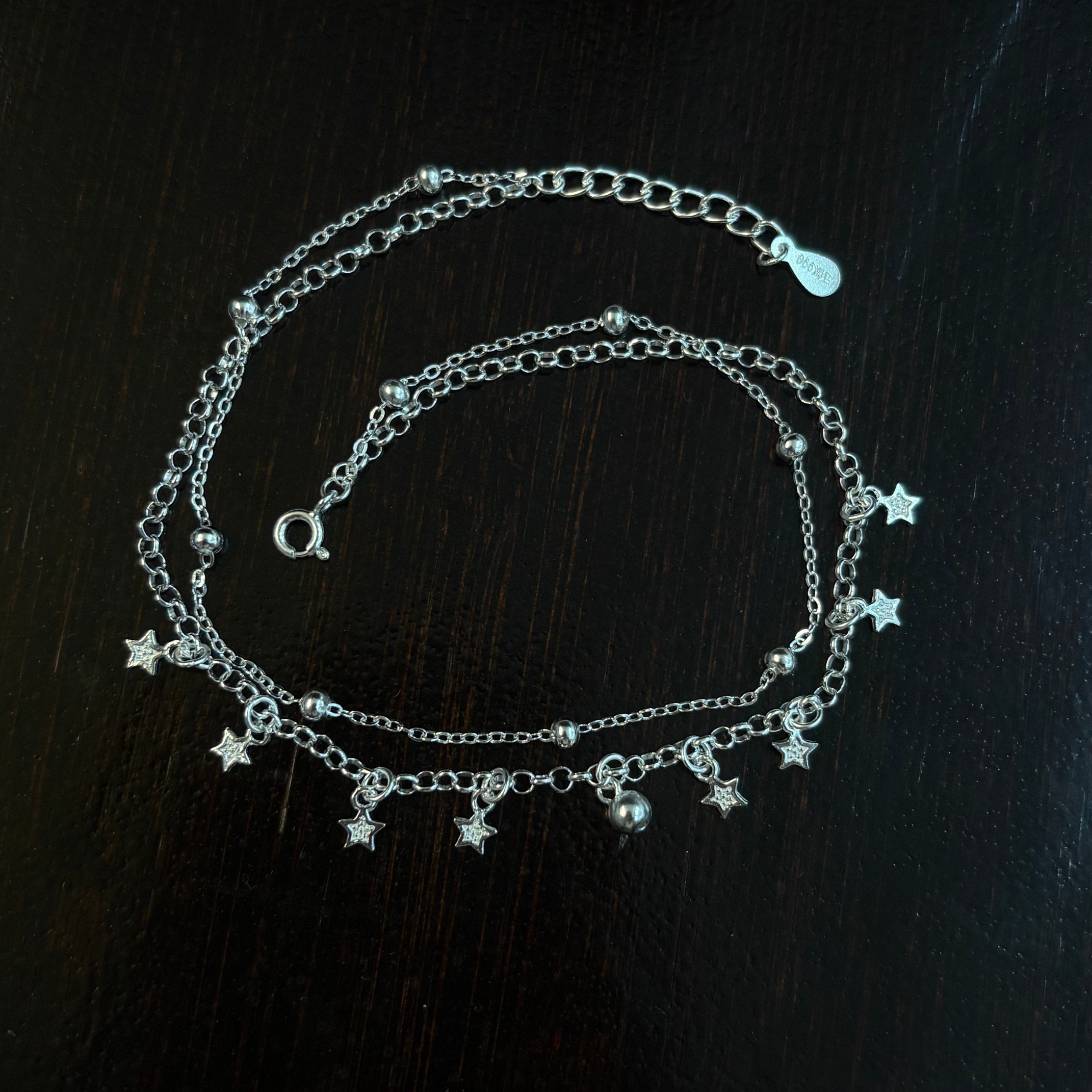 1pc 999 Sterling Silver Double-Layer Star & Bead Anklet, Delicate Luxurious Style, Perfect For Daily Wear & Valentine's Gifts