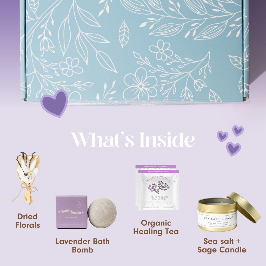 Mini Lavender Spa Gift Set Relaxation Gift Basket for Women Self Care Package with Lavender Candle Bath Bomb Soap Greeting Card & More