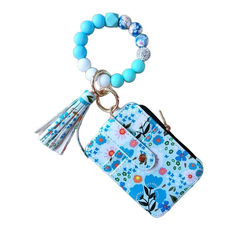 Womens Silicone Bead Bracelet Keychain Cardholder