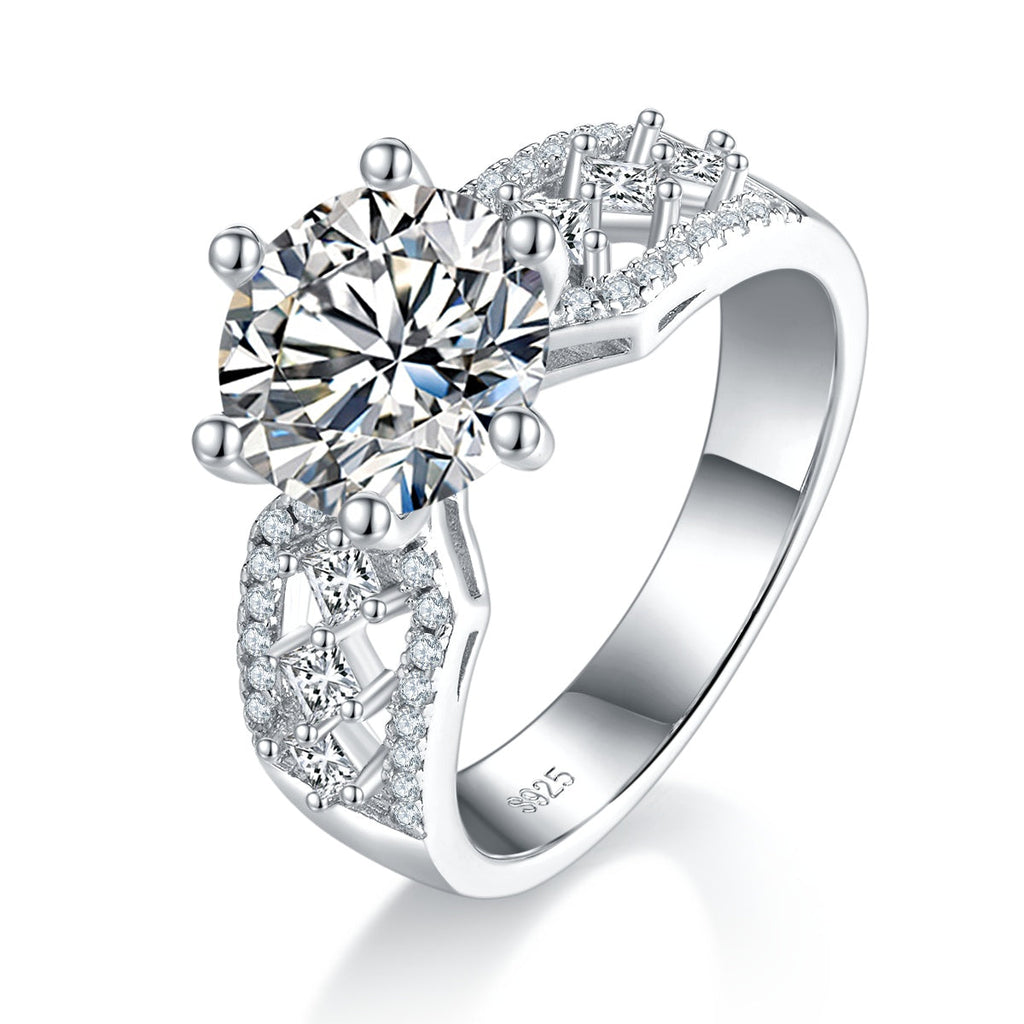 S925 Sterling Silver 3ct Moissanite Ring, 9mm Round Cut 6-Prong, D-VVS1 Platinum Plated US Sizes 5-9, GRA Certified Gift Box